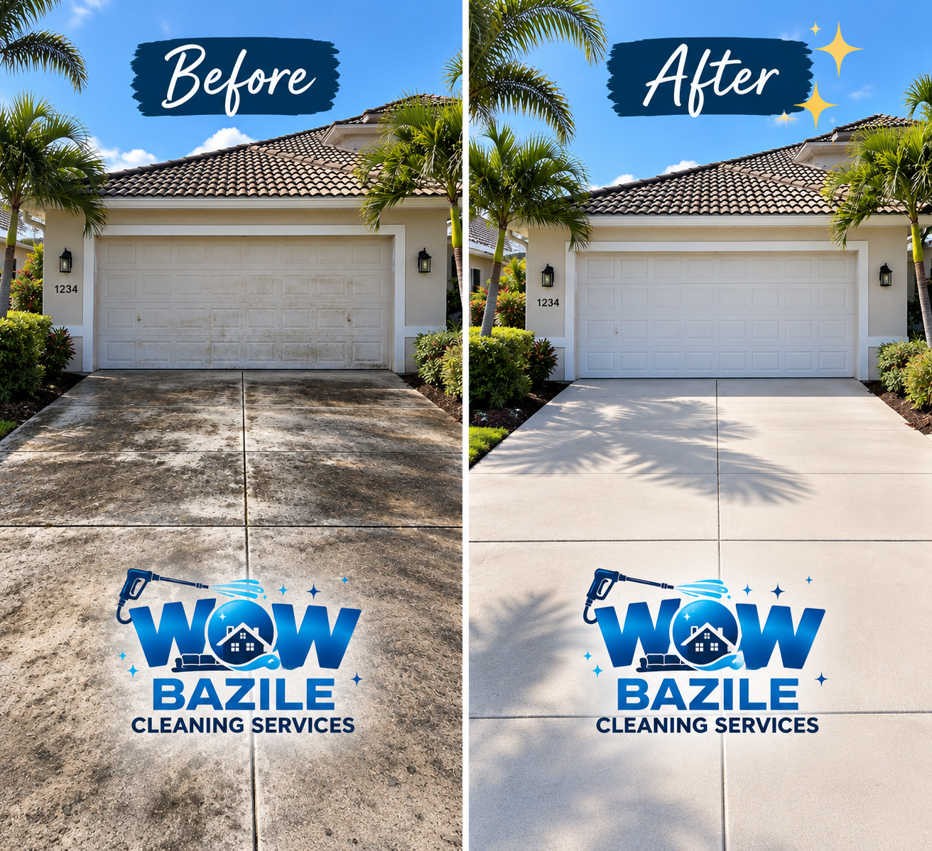 Naples driveway and garage before and after cleaning