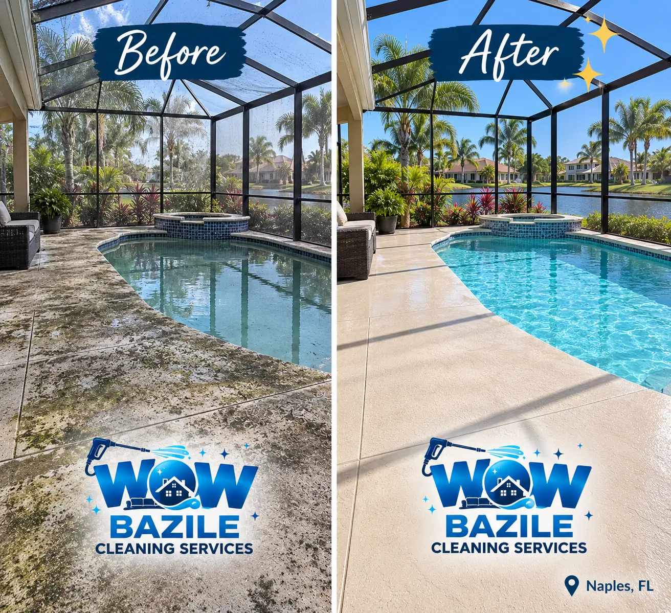 Naples pool lanai and deck before and after cleaning